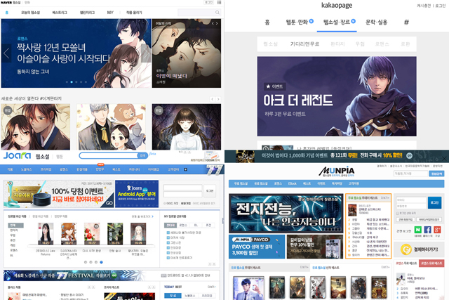 ▲ 주요 웹소설 사이트. 좌 상단부터 시계방향으로 네이버 웹소설, 카카오페이지 웹소설, 문피아, 조아라. ⓒ프레시안