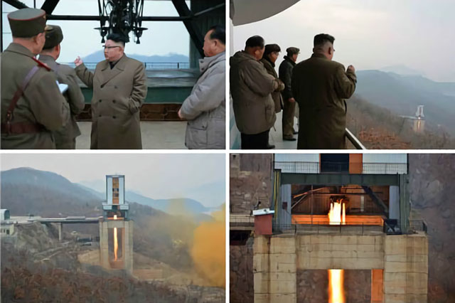 ▲ 북한 김정은 국무위원장(왼쪽에서 세 번째)이 지난 18일 신형 로켓 엔진 실험을 참관했다고 북한 관영매체들이 보도했다. 이날은 틸러슨 미국 국무장관과 왕이 중국 외교부장이 베이징에서 회담을 하는 날이었다. ⓒ노동신문