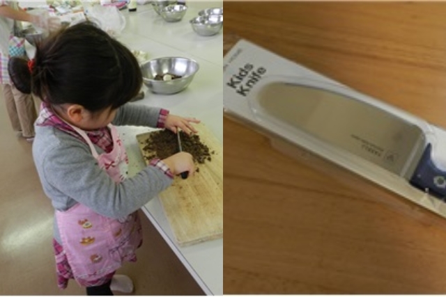 ▲ 사진 왼쪽은 만 두 살부터 부엌육아에 참여한 일곱 살 아이. 칼을 쓰는데 능숙하다. 오른쪽은 일본에 보편화된 어린이용 부엌칼. ⓒ윤영희