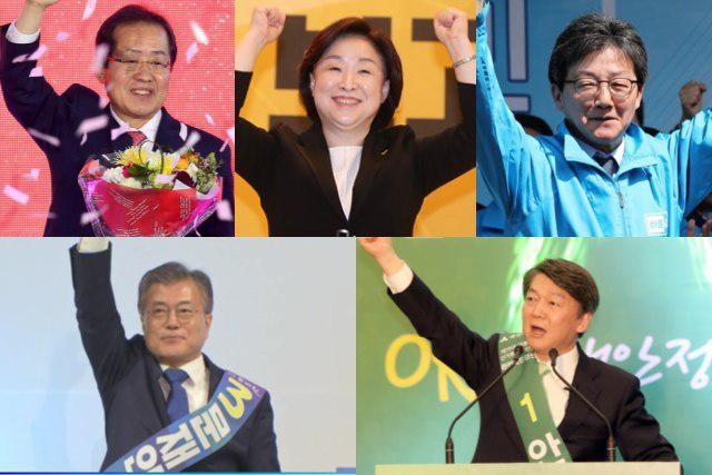 ▲ 왼쪽 위부터 시계방향으로 자유한국당 홍준표, 정의당 심상정, 바른정당 유승민, 국민의당 안철수, 더불어민주당 문재인 후보. ⓒ프레시안