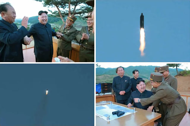 ▲ 김정은 북한 국무위원장(왼쪽 위 사진 가운데)이 14일 화성 12호 시험발사 관계자들과 함께 발사 과정을 지켜보고 있다. ⓒ노동신문