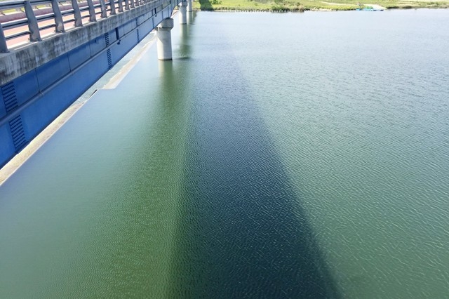 ▲ 상주보 상류 상주호의 물빛이 완전히 녹색이다. 녹조현상이 시작된 것이다. 남조류 수치도 오르기 시작했다. ⓒ대구환경연합(정수근)