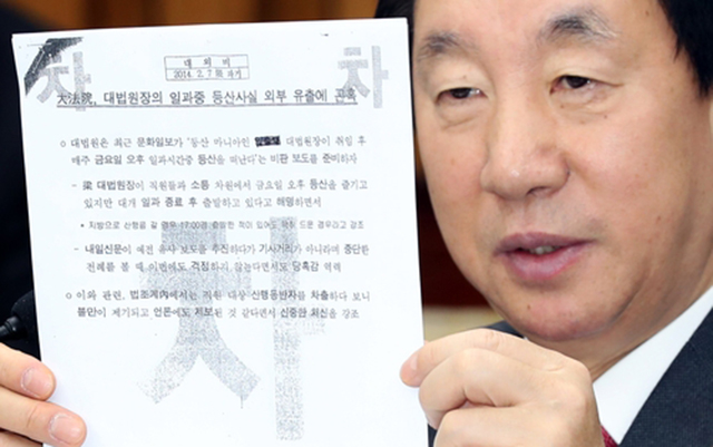 ▲'최순실 국조특위' 김성태 위원장이 지난해 12월 15일 오후 국회에서 열린 최순실 국정농단 의혹 진상규명을 위한 국정조사 특위 4차 청문회에서 조한규 전 세계일보 사장이 제출한 양승태 대법원장과 최성준 방송통신위원장, 이외수 씨 등에 대한 사찰 문건 사본을 공개하고 있다. ⓒ연합뉴스