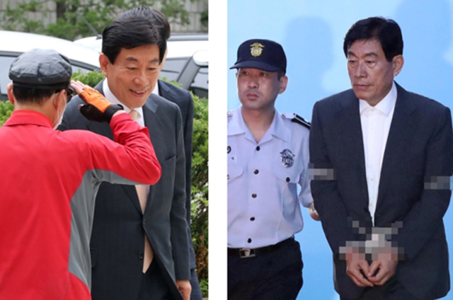 ▲'국가정보원 댓글' 사건으로 기소된 원세훈 전 국정원장이 30일 오후 서울 서초구 서울중앙지법 서울 서초구 서울고법에서 열린 파기환송심 선고공판에 출석하며 지지자들로 부터 거수경례를 받고 있다(왼쪽). 징역 4년을 선고받으며 법정구속된 원 전 국정원장은 이날 오후 구치소로 향하기 위해 호송차에 오르고 있다. ⓒ연합뉴스