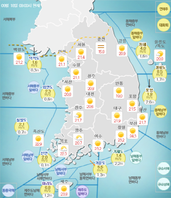 ▲ 18일 오전 9시 현재 날씨. ⓒ부산기상청