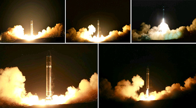 ▲ 지난 11월 29일 새벽 북한이 발사한 대륙간 탄도 미사일(ICBM)인 화성-15형 ⓒ노동신문