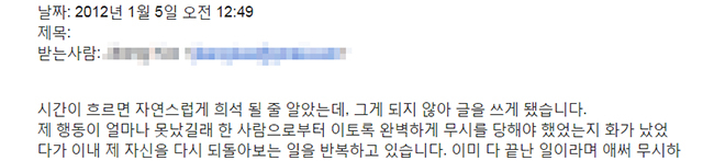 ▲A 씨가 과거 자신의 남자친구에게 정봉주 전 의원으로부터 성추행당한 사실을 고백한 메일. 날짜는 사건 발생일 2주 뒤인 2012년 1월 5일이다.