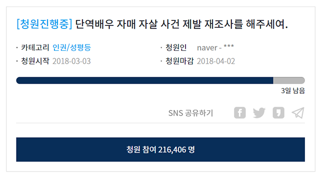 ▲단역배우 자매 사망 사건에 관한 청와대 국민청원. 청와대 홈페이지 갈무리