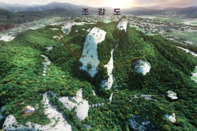 ▲ 진안군이 제공한 마이산케이블카 조감도. 경관 훼손, 사찰수행환경 훼손 문제를 의식해서인지 타포니지형과 탑사, 은수사를 나무 이미지로 가린 거짓 조감도이다.