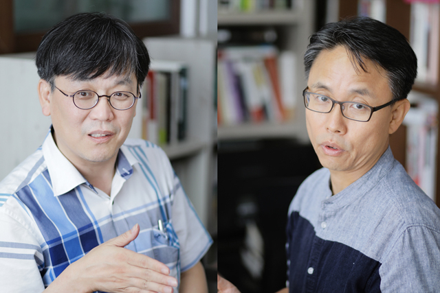 ▲ 지난 20일, 장은수 편집문화실험실 대표(좌)와 이홍 한빛비즈 편집이사(우)는 출판 노동에 관해 이야기를 나눴습니다. ⓒ프레시안(최형락)