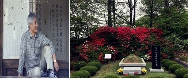▲ 세상을 떠나기 일곱 달 전인 2003년 7월 19일 경남 함양군 지곡면 개평 처가집(일두 정여창 고택)에서 김진균(왼쪽 사진),기도 마석 모란공원 김진균 선생님 묘소(오른쪽 사진) ⓒ 김진균 페이스북