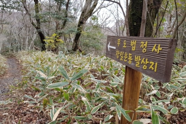 ▲ 도내 최대 무장항일운동이 일어났던 제주 법정사지로 가는 길에는 낮게 세워진 표식이 이곳이 항일운동의 발상지인 법정사로 가는 길임을 알려준다. ⓒ제주의소리(김봉현)