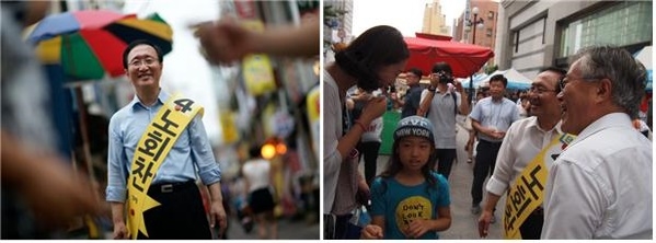 ▲ 7월 보궐선거에 출마한 노회찬 의원. (왼쪽 사진은 ⓒ 이상엽, 오른쪽 사진은 ⓒ 노회찬재단)