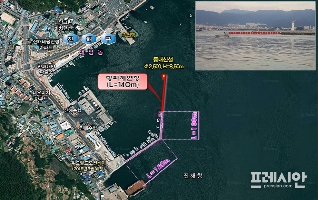 ▲2019년 항만개발 건설사업 예정지로 지정된 진해속천항 항공 사진. ⓒ경남도