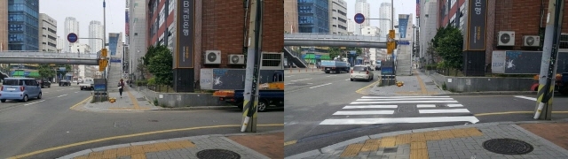 ▲ 보도 단절 구간 횡단보도 설치 전(왼쪽), 설치 후(오른쪽). ⓒ부산시
