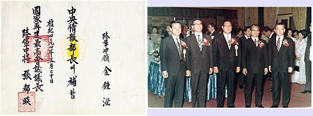 ▲ (왼쪽) 장도영(국가재건최고회의 의장)으로부터 수여받은 중앙정보부장 임명장 (1961.5.20.) (출처: 운정재단 아카이브) ▲ (오른쪽) 1971년 6월 10일 중앙정보부 창설 10주년 기념회에서 외유 중이던 5대 정보부장 김계원을 제외한 역대 정보부장들과 함께 사진 촬영. 왼쪽부터 초대 중앙정보부장 김종필, 2대 김용순·3대 김재춘·4대 김형욱·6대 이후락 부장. (출처: 운정재단 아카이브)