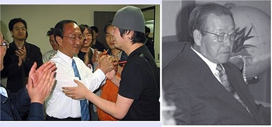 ▲ 2004년 4월 16일 당선 확정 직후의 노회찬(ⓒ 매일노동뉴스) ▲ 2004년 4월 19일 정계은퇴 선언 직후의 김종필