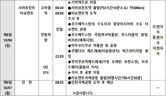 *상기 일정은 항공 및 현지 사정에 의해 변경될 수 있습니다.