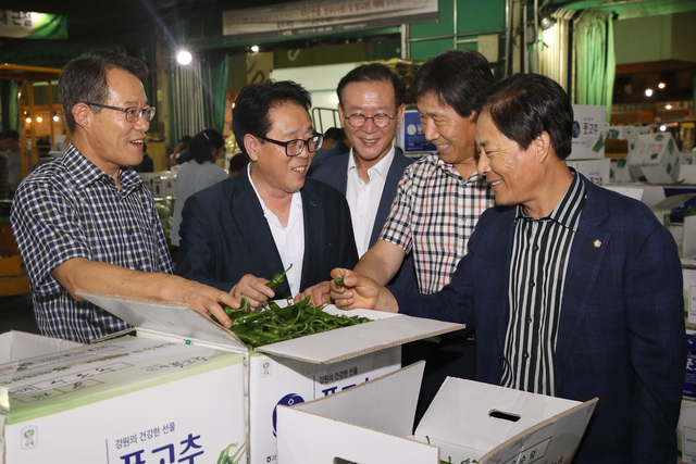 ▲8일 최상기 인제군수, 김상만 인제군의장, 조병은 NH농협은행 인제군지부장을 비롯해 농가 등 40여 명은 서울 가락농수산물종합도매시장을 방문해 지역 청정 명품 중 하나인 풋고추 홍보를 위해 통합마케팅을 펼쳤다. ⓒ인제군