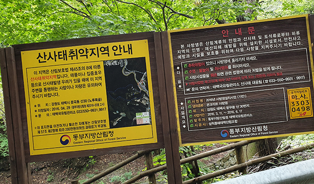 ▲태백시 문곡동 산 30번지 속칭 노루목골에 산림청이 지난 2016년 4월 설치한 산사태취약지역 안내 표지판. ⓒ프레시안