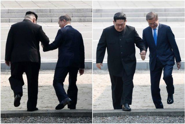 ▲27일 오전 문재인(오른쪽) 대통령과 김정은 북한 국무위원장이 판문점에서 손을 잡고 군사분계선을 건너는 모습. ⓒ판문점 공동취재단