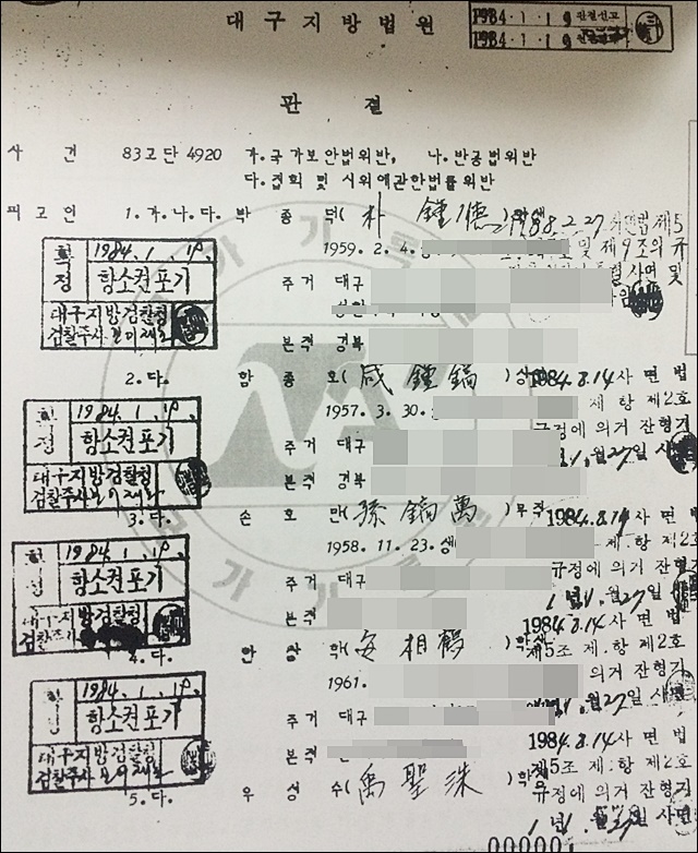 ▲ 1984년 1월 19일 박종덕씨 등 5명에 대한 '유죄' 대구지법의 판결문. ⓒ법무법인 덕수
