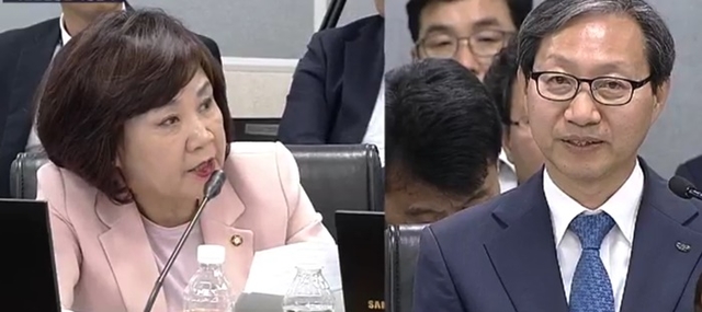 자유한국당 김순례 의원(사진왼쪽)이 김성주 국민연금공단 이사장을 상대로 총선 행보를 집중 따져 묻고 있다ⓒ국회 홈페이지 캡쳐