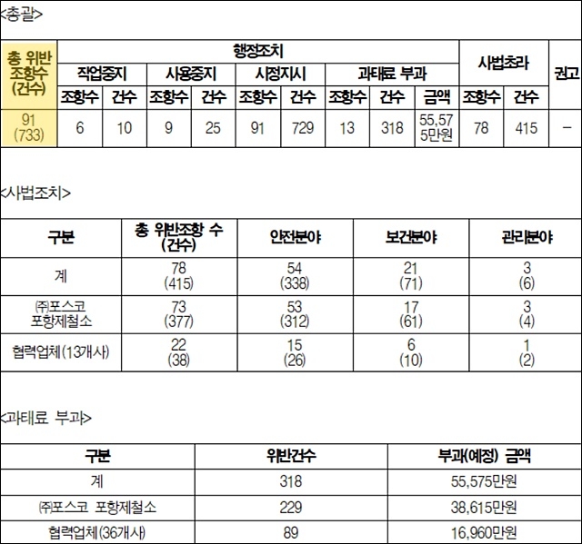 ▲ 노동부가 2018년 1월 29일부터 열흘간 포스코에서 특별감독을 통해 적발한 건수. ⓒ금속노조