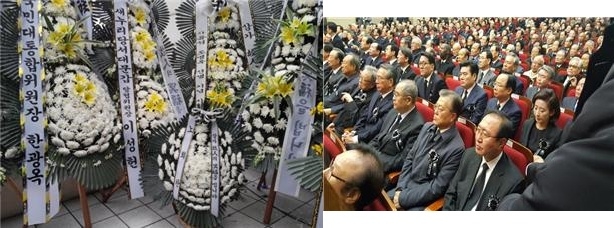 ▲ (왼쪽) 2015년 11월 23일 오전 서울대병원 장례식장의 풍경. 한광옥 국민대통합위원장의 조화와 함께 노회찬 전 정의당 대표의 조화 바구니가 눈길을 끈다. (오른쪽) 2016년 11월 22일 오전 국립서울현충원 현충관에서 열린 YS 1주기 추모식에 참석한 노회찬.