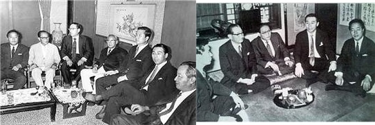 ▲ (왼쪽) 1969년 말 3선개헌 반대투쟁에 실패하면서 신민당에서는 세대교체 바람을 타고 ‘40대 기수’가 떠올랐다. 1970년 1월 김대중도 ‘7대 대선’에 출사표를 던지며 합류했다. 사진은 1970년 9월 신민당 후보 지명대회를 앞두고 총재 유진산 자택에 모인 40대 기수 3명과 중진들로, 왼쪽부터 김영삼·조영규·고흥문·서범석·김대중·이철승·홍익표 의원. ▲ (오른쪽) 1971년 4월27일 ‘제7대 대통령 선거’를 앞두고 야당 대선 후보의 세대교체를 주창하며 출마를 선언한 ‘40대 기수’ 3명이 70년 9월 신민당 후보 지명대회를 앞두고 한자리에 모였다. 사진 왼쪽부터 김대중, 유진산(총재), 고흥문(사무총장), 이철승, 김영삼
