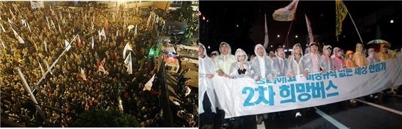 ▲ (왼쪽) 2011년 7월 9일 ‘2차 희망버스’ 탑승객들이 부산역에서 열린 결의대회를 마치고 민주노총 부산본부 김진숙 지도위원이 고공농성을 벌이고 있는 한진중공업 영도조선소로 행진을 하던 도중 경찰차량에 막혀 있는 모습(Ⓒ <노동과세계> 이명익 기자) (오른쪽) 영도조선소로 행진하는 노회찬