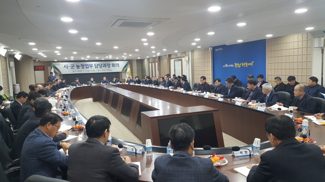 ▲전라남도는 도청에서 시·군 농정과장과 전국 최초로 도입하는 농어민 공익수당 등 2020년 농정 분야 현안을 논의하고, 협업을 강화키로 했다ⓒ전남도청